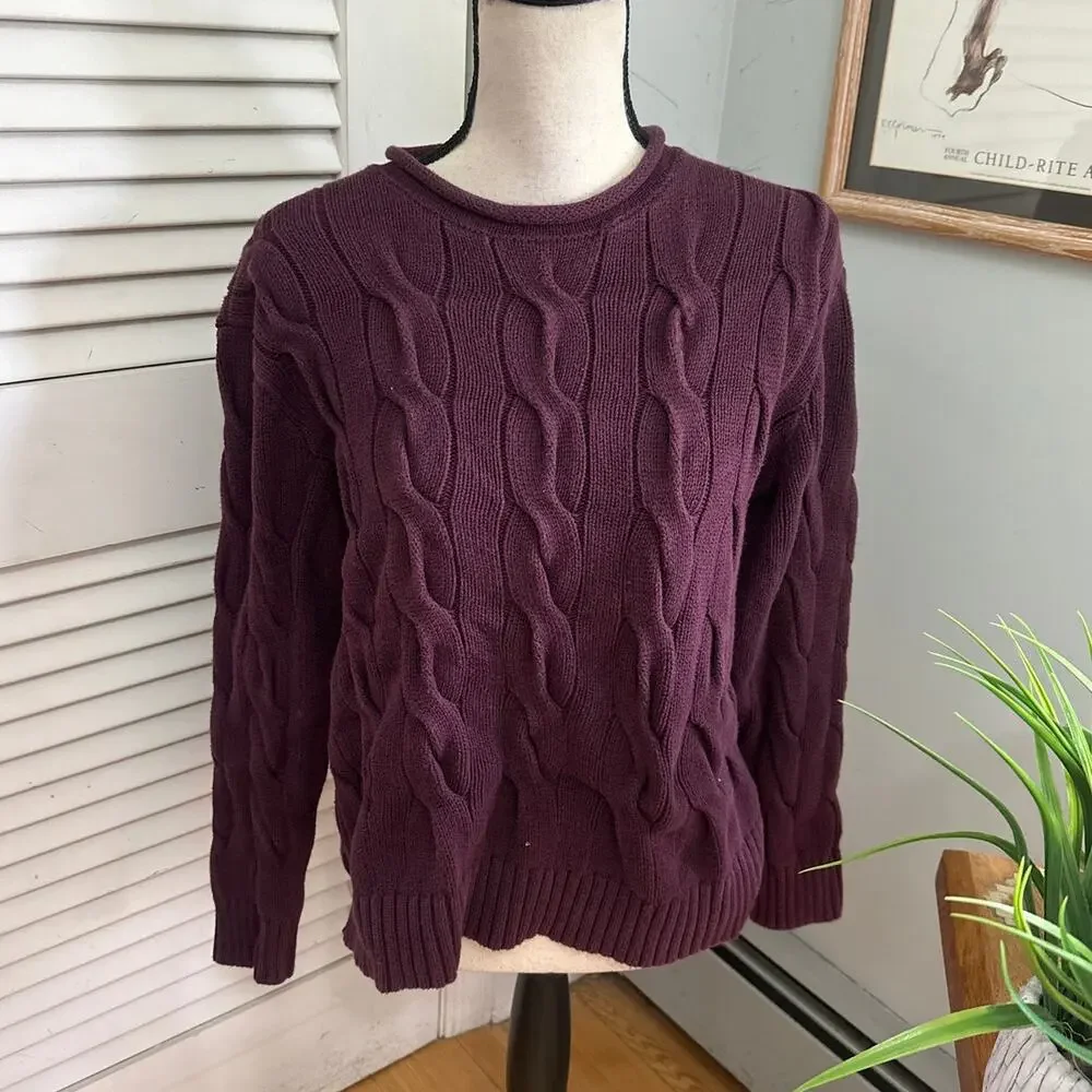 Polo Ralph Lauren Sweater Womens Burgundy Roll Neck Chunky Cable Knit Fisherman